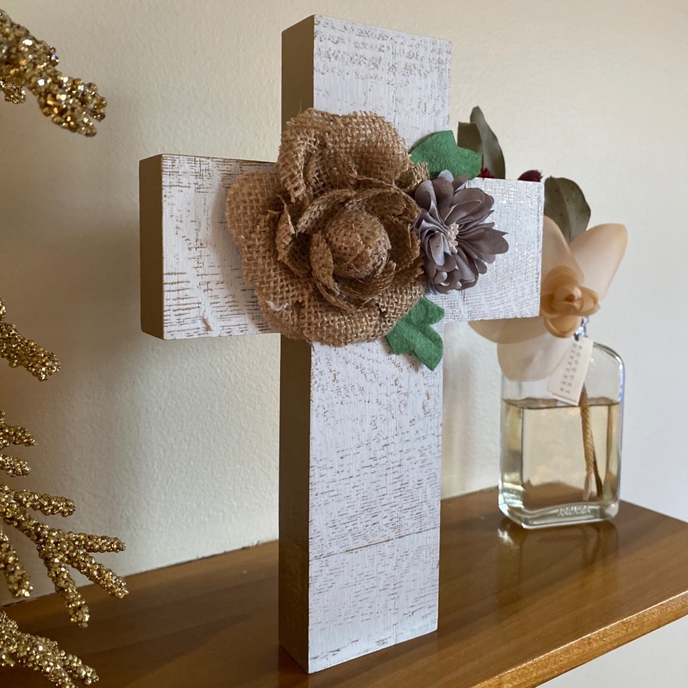 White Wooden Cross with floral & fabric accents